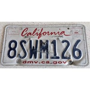 California License Plate 8SWM126 Red White Blue 2000's Cali CA USA Authentic